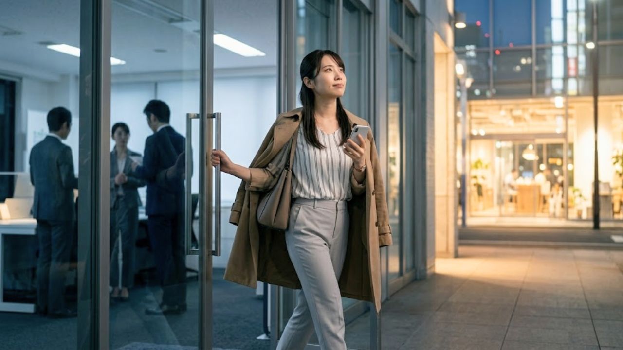 飲み会を断ると嫌な顔をされる古い体質の職場に見切りをつけ、子どもを守るために前向きに転職を決意してオフィスを後にするシングルマザー