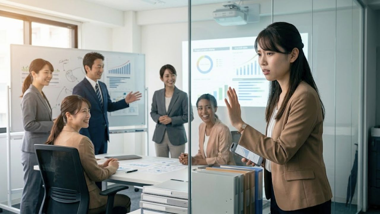 責任を果たしているのに会社側の勝手な判断でプロジェクトから外され、会議をする同僚たちを外から見つめるシングルマザー