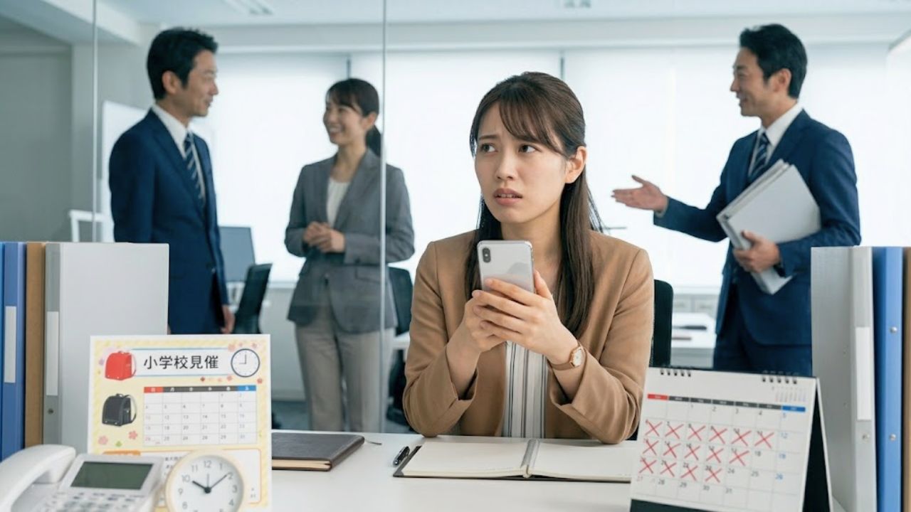 子どもの進学や数日の休みという引き金（トリガー）によって突然仕事を奪われ、オフィスのデスクで不安と戸惑いを隠せないシングルマザー
