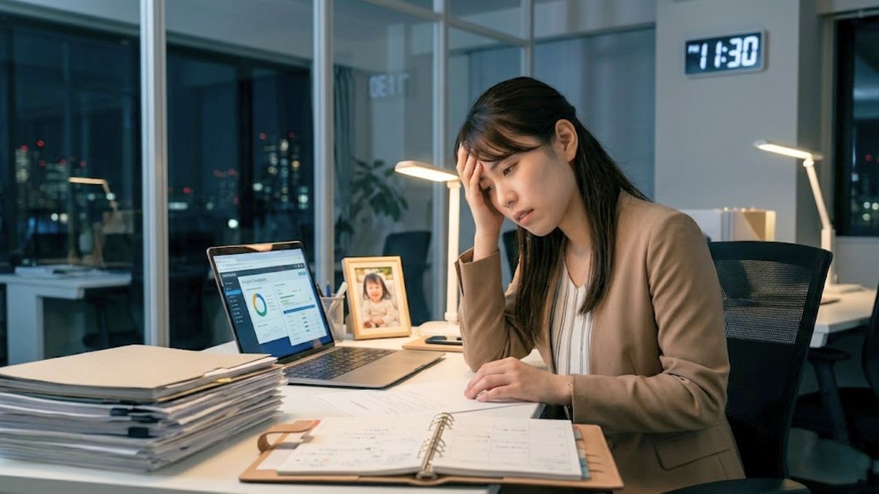 「完璧にこなして迷惑をかけまい」という責任感から、夜遅いオフィスで限界まで無理をして一人で仕事を抱え込み、憔悴し、疲れ切った表情で完璧に整理されたファイルを前に作業を止めないシングルマザー