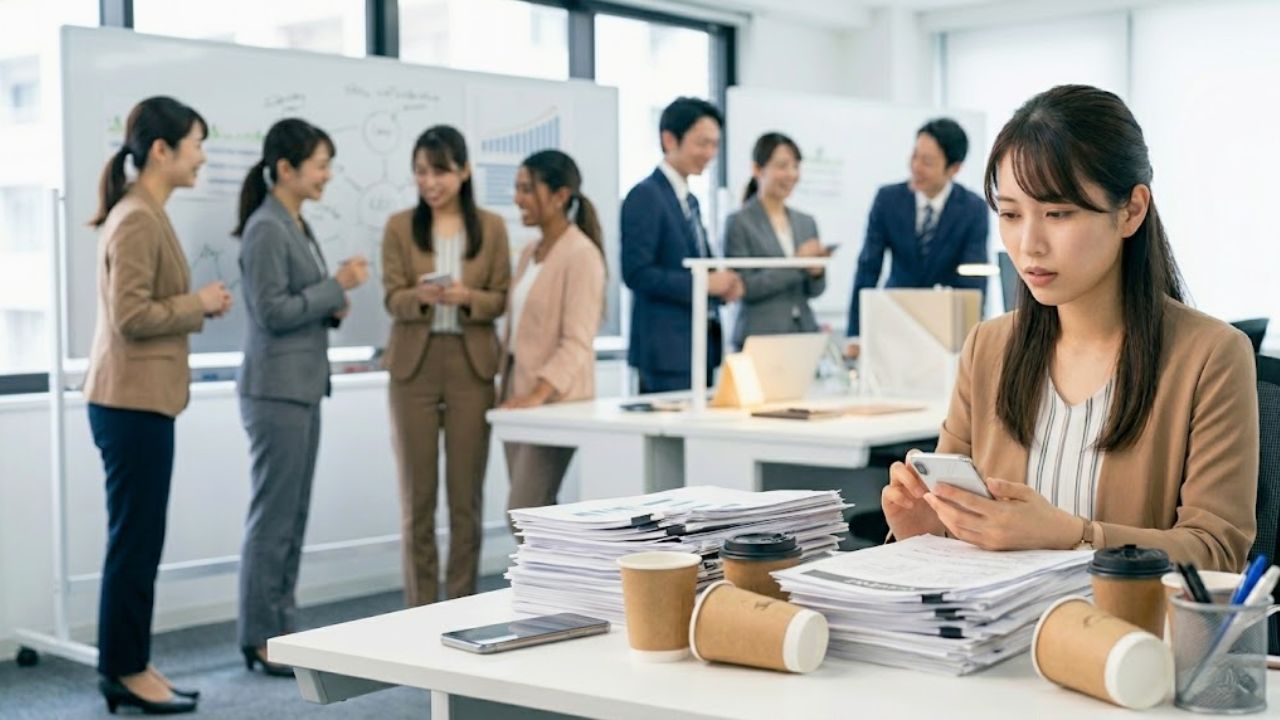 オフィスのデスクで、堆積した大量のコピー用紙や未洗浄のコーヒーカップなど、能力に見合わない平凡な雑用を前に困惑し、苦悩するシングルマザー。背景では、同僚たちが重要なプロジェクト会議を行っているが、彼女は完全に疎外されている。