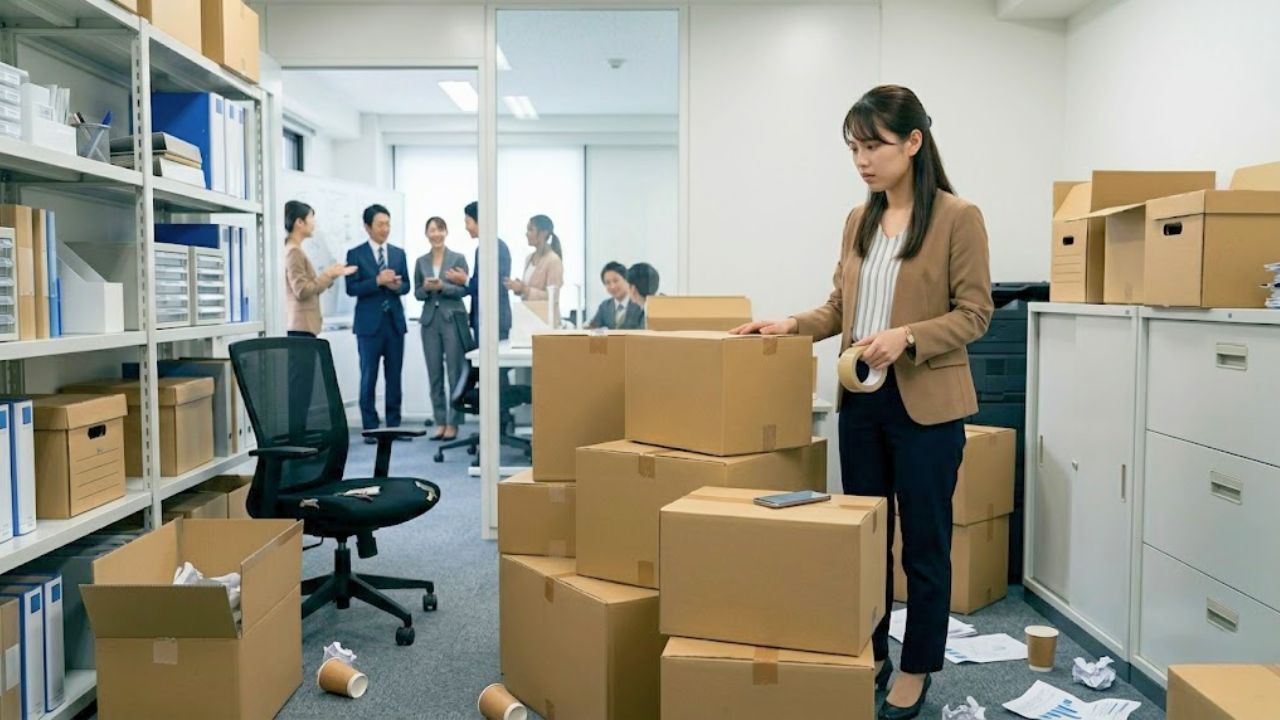 明るいオフィスのデスクを離れ、一人、山積みの段ボール箱（古い資料や備品）が置かれた共有資料室で、途方に暮れたような表情でテープを手に立ち尽くすシングルマザーの社員。物理的にも物理的にも物理的にも孤独な環境で、平凡な単純作業（資料整理）を強いられている。