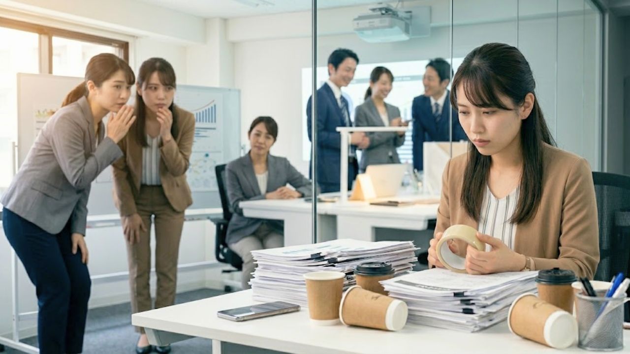 重要な会議から外され、オフィスのデスクで平凡な単純作業（コピー用紙整理）に孤立する2シングルマザーの社員。デスクには山積みの平凡な雑用が置かれている。彼女のデスクの近くで、同僚たちが集まって、妬みの表情を浮かべて冷ややかにささやき合い、妬みの視線を彼女に送っている。