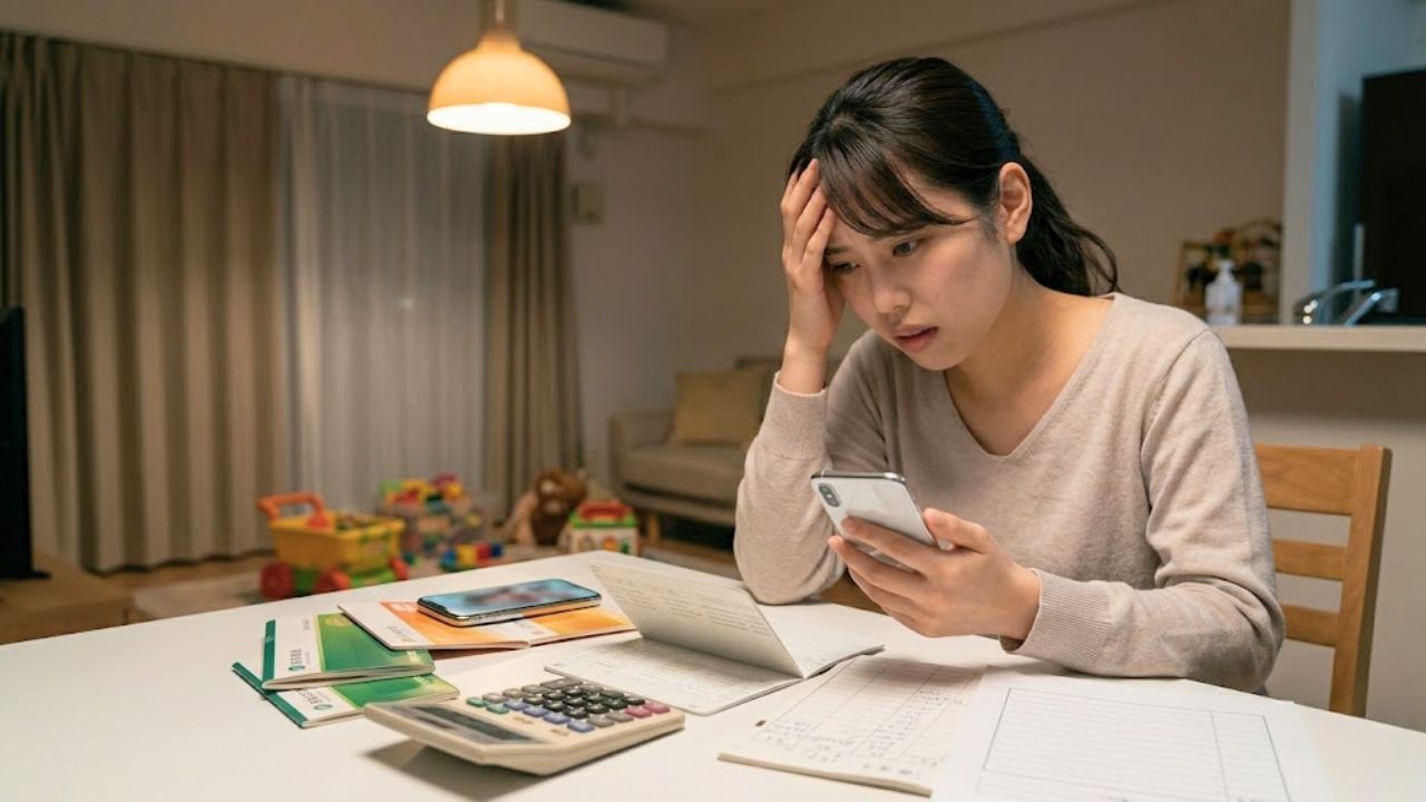 夜の自宅のダイニングテーブルで、通帳と電卓を前にして、職場で雑用ばかり任され昇給が見込めない将来の経済的リスクに頭を抱え、不安な表情を浮かべるシングルマザー
