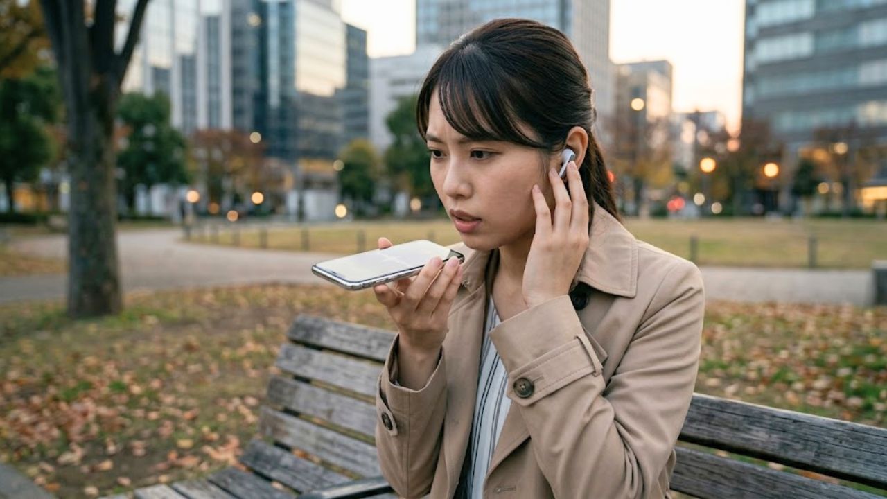 「言った・言わない」を防ぐための防衛策として、夕方の公園で一人、これまでの業務記録をスマホに音声で残しているシングルマザーの会社員。その表情は厳しく、決意に満ちている。