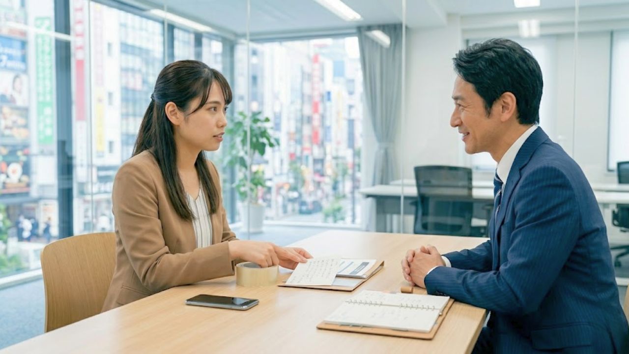 外部の明るい相談スペースで、真剣ながらも自信と決意に満ちた表情で、開いた実績・雑用記録ノートとスマホをテーブルに置き、上司と対面して話し合うシングルマザー。彼女は、これまでの孤立から抜け出し、支援を得て具体的な脱出アクションを起こしている。