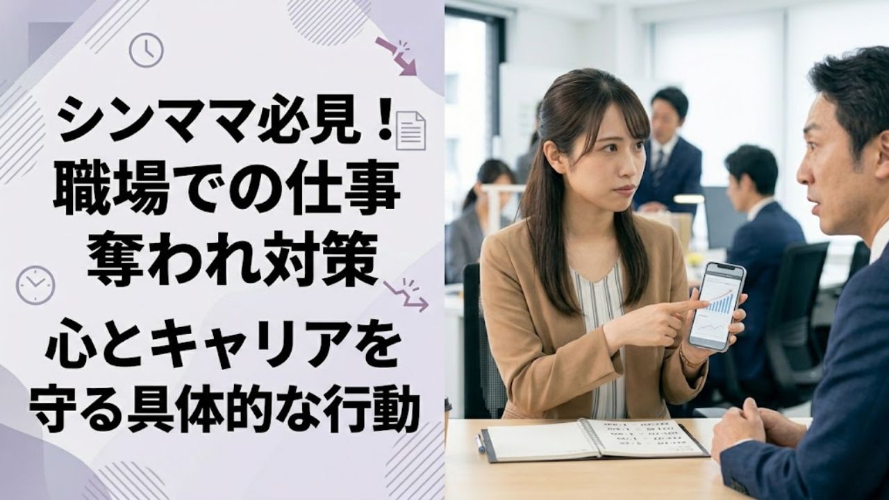 「シンママ必見！職場での仕事奪われ対策」のタイトルと、オフィスのデスクでこれまでの実績データ（グラフ）を上司に見せながら真剣に交渉するシングルマザー