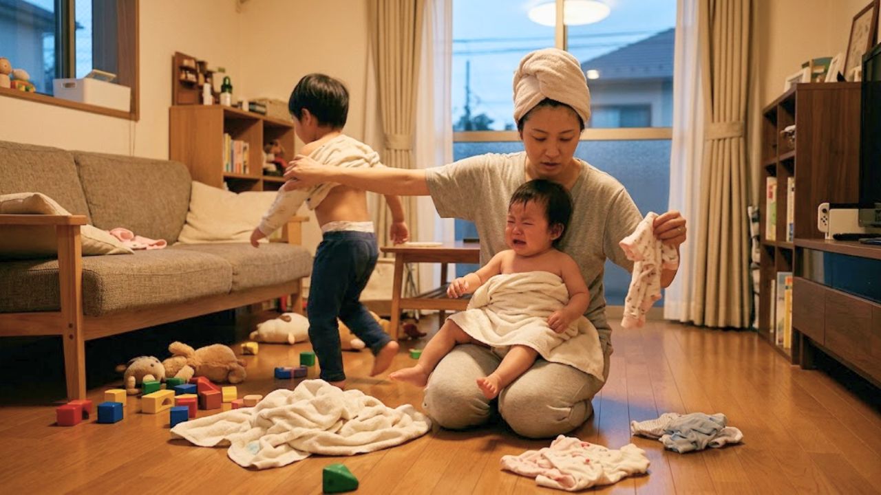 お風呂上がり、子どもの世話でスキンケアどころではないシングルマザー。
