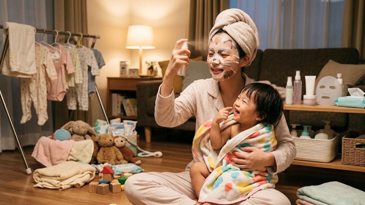 お風呂上がりの忙しいときにも、工夫して子どもと楽しみながらスキンケアするシングルマザー。