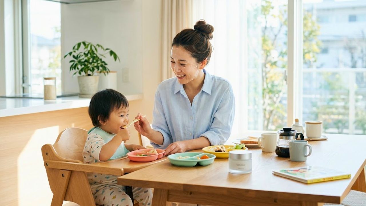 時短スキンケアアイテムにより時間のゆとりができたシングルマザー。子どもにゆっくりと朝食を食べさせている様子。