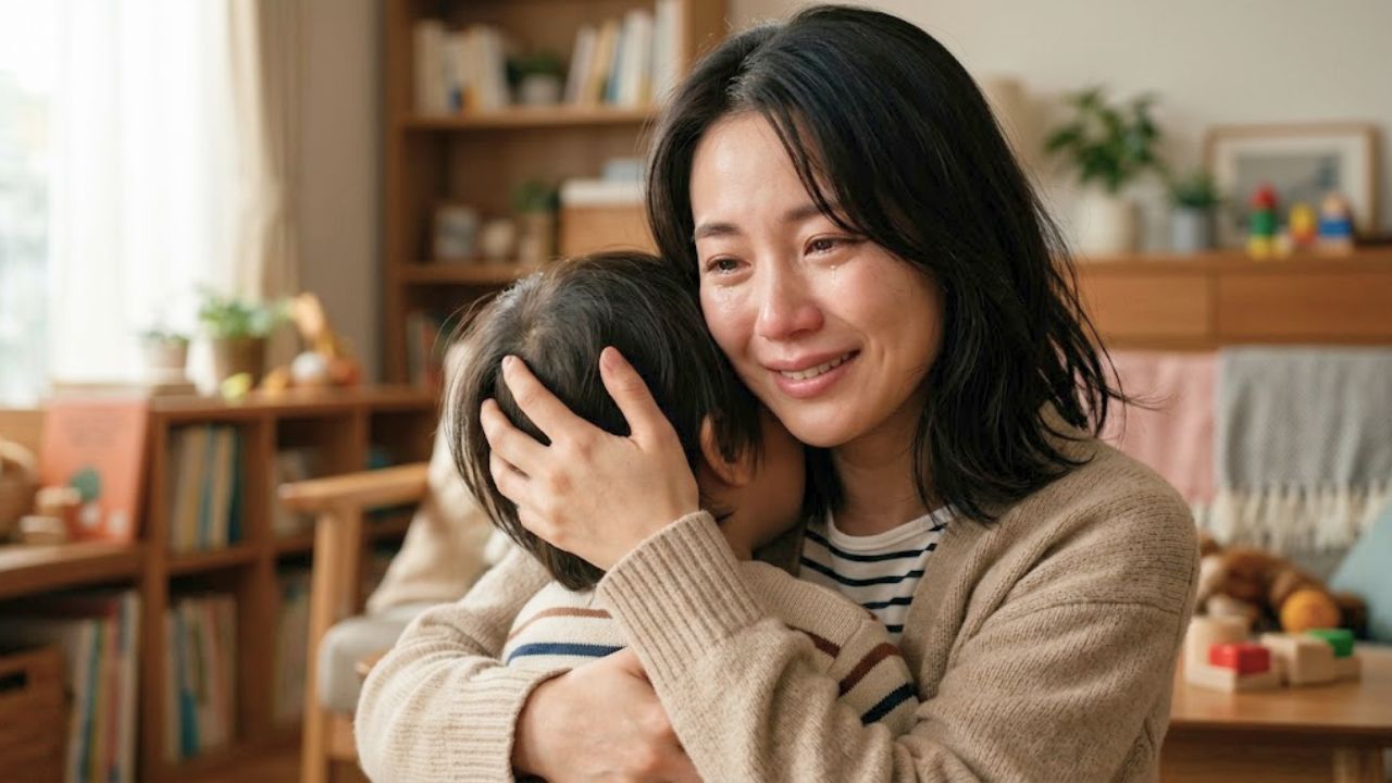 イライラして怒ってしまった後、子どもに素直に謝って自己嫌悪のループを断ち切り、深い愛情と安心感に満ちた笑顔を見せるシングルマザー。