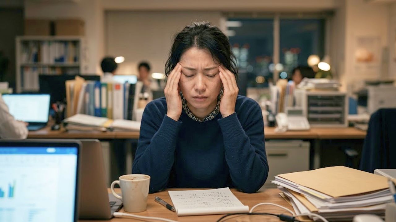 毎日の仕事のストレスと一人で子育てをする重圧から、疲労困憊でいっぱいいっぱいになっているシングルマザー。