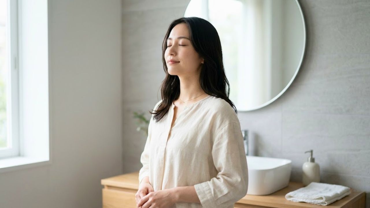 仕事ストレスによる子どもへのイライラを静めるため、一人になって深呼吸をし、感情をリセットして落ち着きを取り戻すシングルマザー。