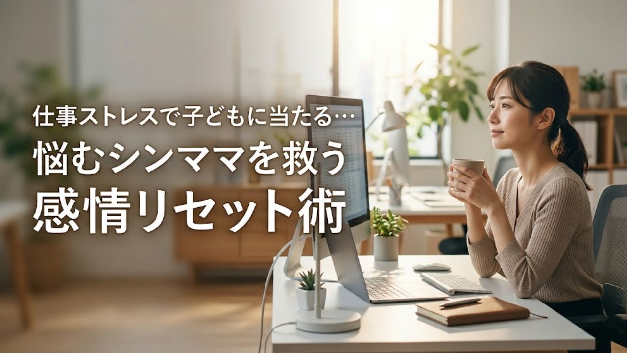 「仕事ストレスで子どもに当たる…悩むシンママを救う感情リセット術」のタイトル文字と、オフィスで温かい飲み物を手に一息つくシングルマザー。