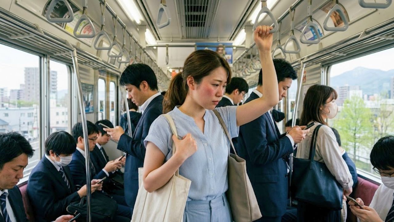 通勤電車で吊り革に掴まった瞬間、脇毛の処理を忘れていたことに気付き恥ずかしそうにしているシングルマザー