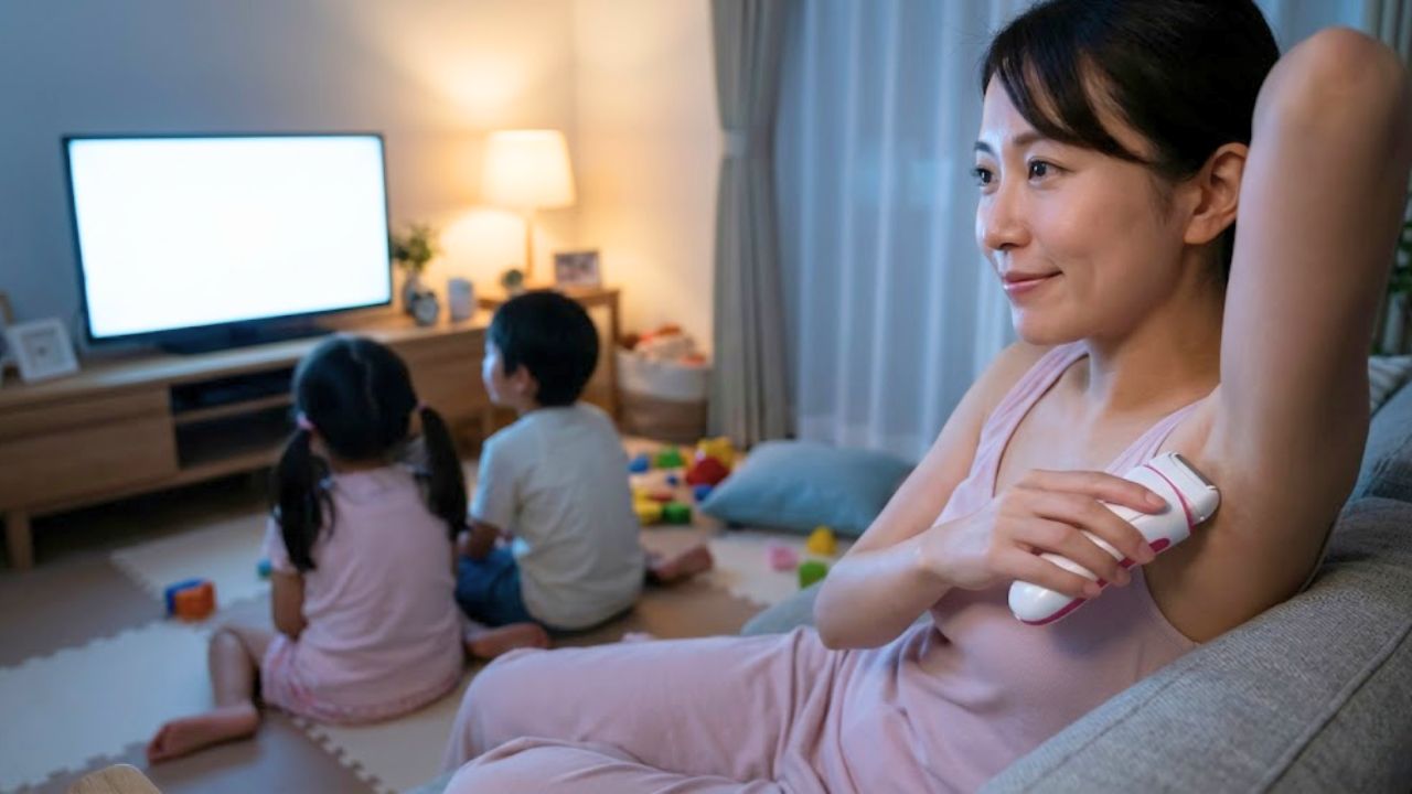 隙間時間に電気シェーバーでサクッと脇毛処理をするシングルマザー。