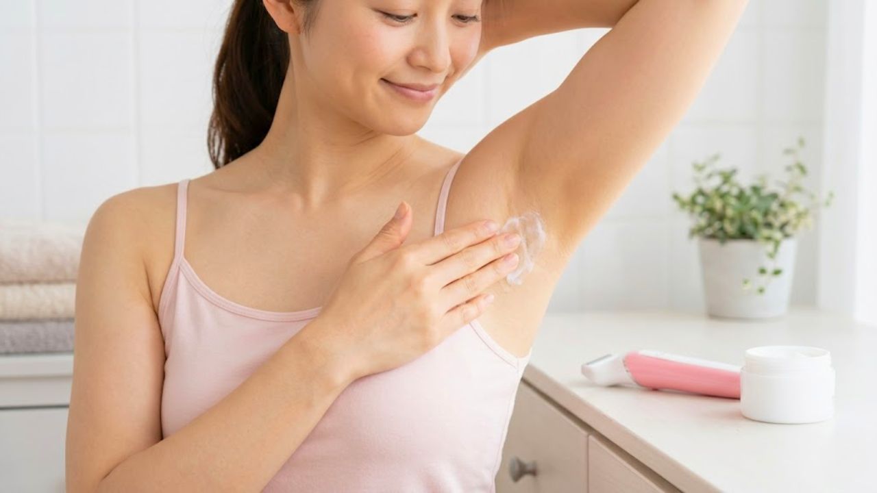電気シェーバーで脇毛を処理した後、しっかりと保湿クリームでケアするシングルマザー。
