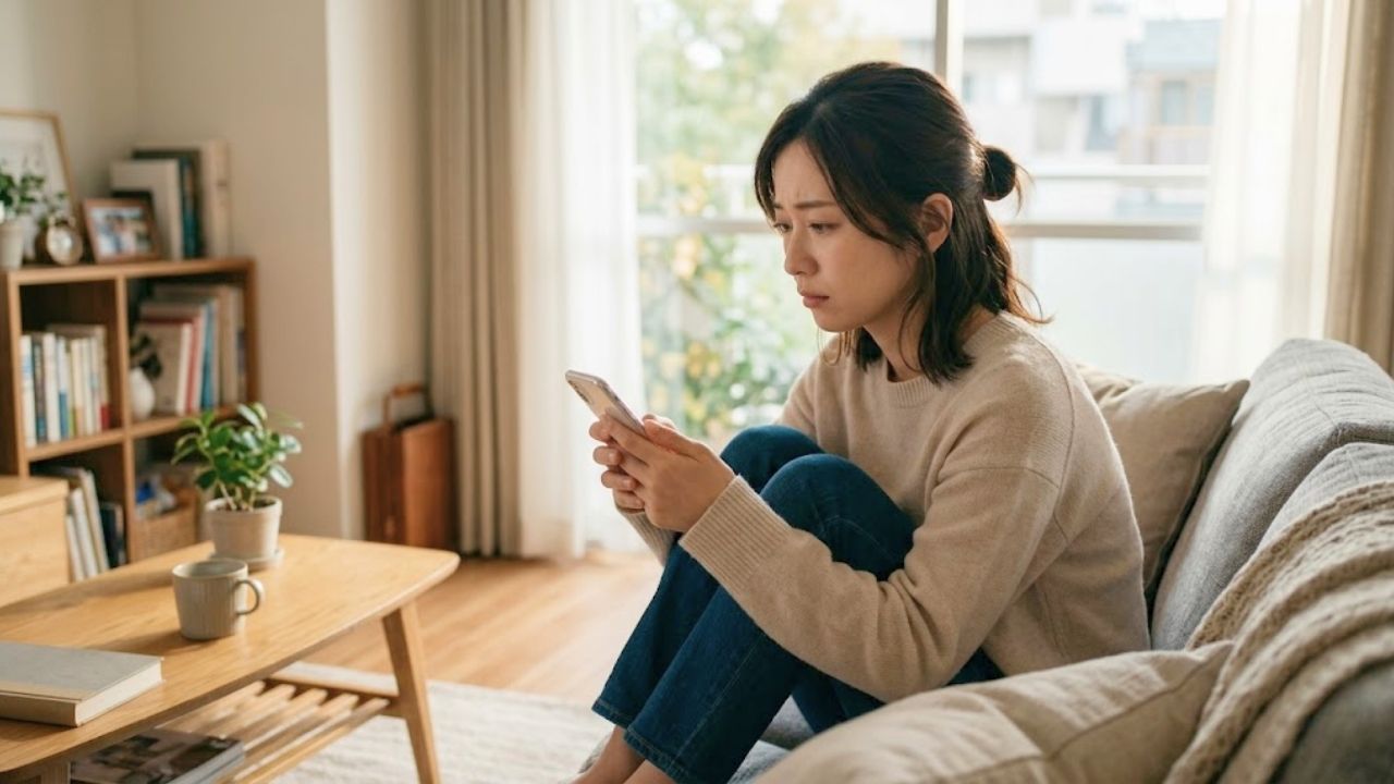 周りの恋愛や結婚に対して焦りや自己否定を感じて、部屋でスマートフォンを見つめながら思い悩む女性
