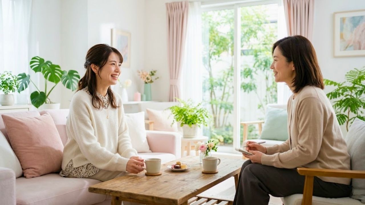 駆け引きのない安全な婚活の場で、安心して笑顔で会話を楽しむ女性のイメージ