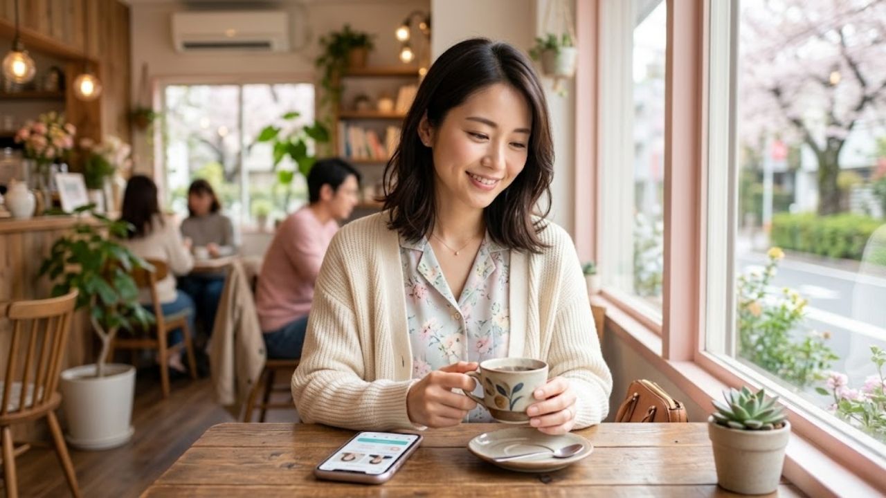 カフェでリラックスしながらスマートフォンを使用し、自分のペースで安全に出会いの場を探す女性のイメージ