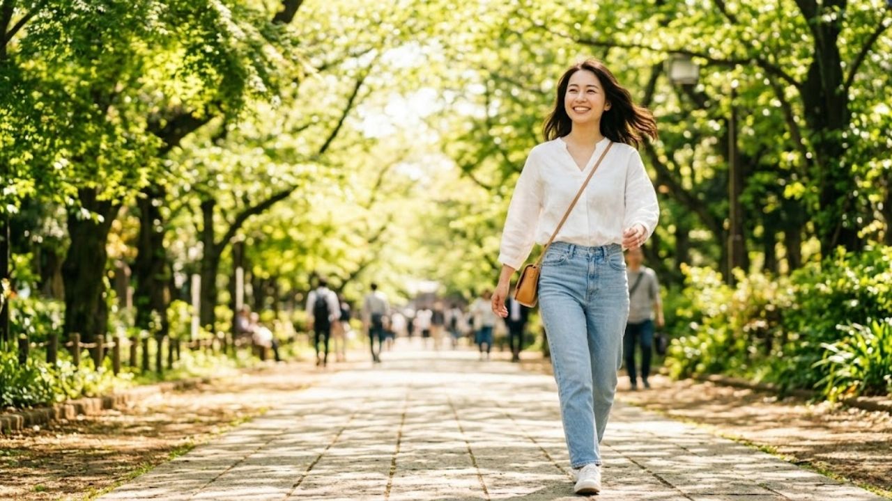 過去の不安を手放し、明るい未来へ向けて自信を持って恋活・婚活への一歩を踏み出す笑顔の女性のイメージ