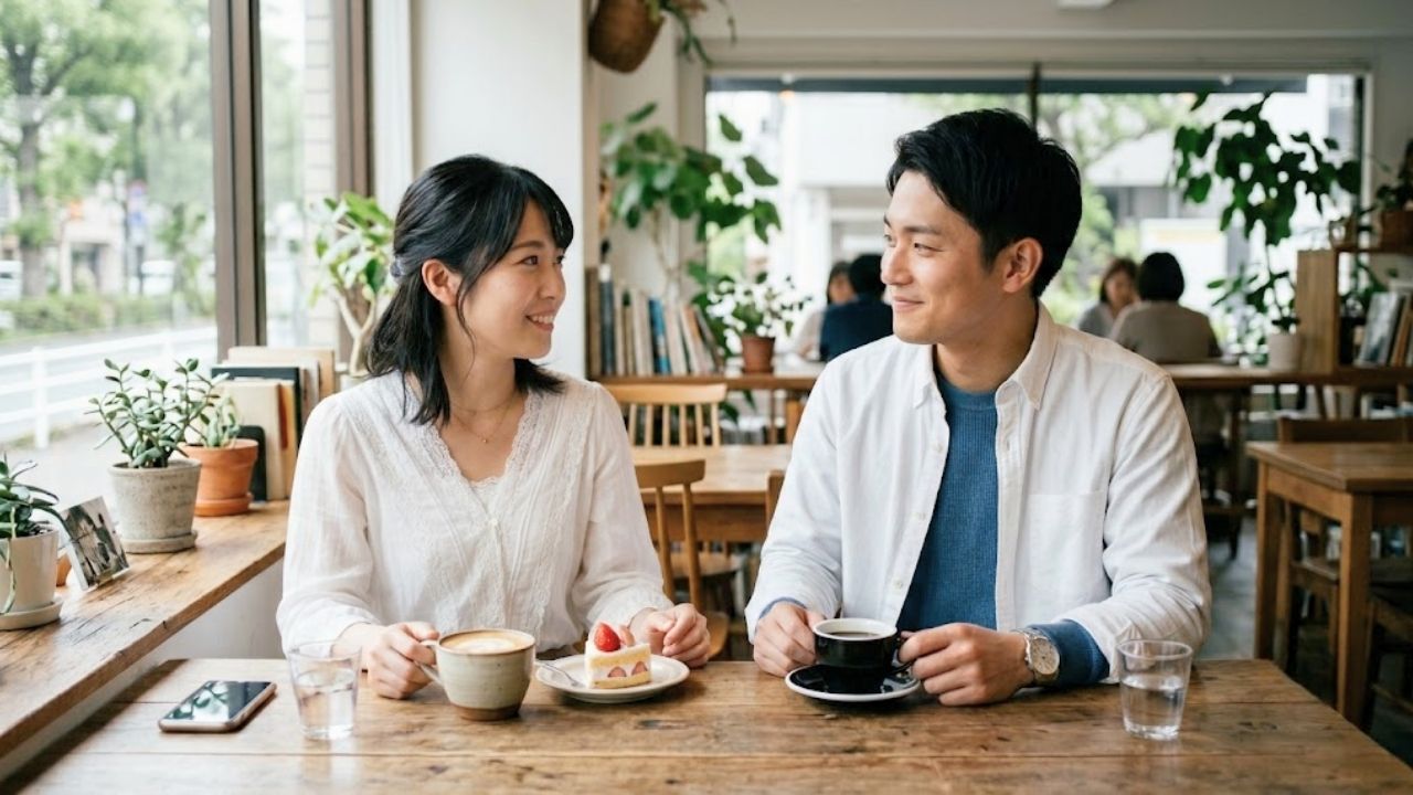 恋愛経験がないことを伝えても引くことなく、温かい笑顔で優しく受け入れてくれる男性と安心する女性のイメージ