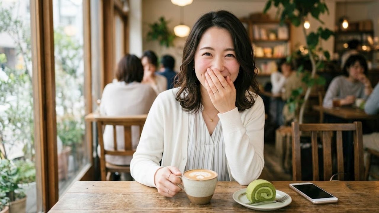 少し照れながらも可愛らしい上目遣いで微笑み、相手の男性をキュンとさせる女性のイメージ