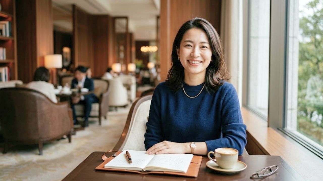 自分の年齢や魅力に合った恋活の戦略を理解し、手帳の前で自信に満ちた知的な笑顔を見せる洗練された女性のイメージ