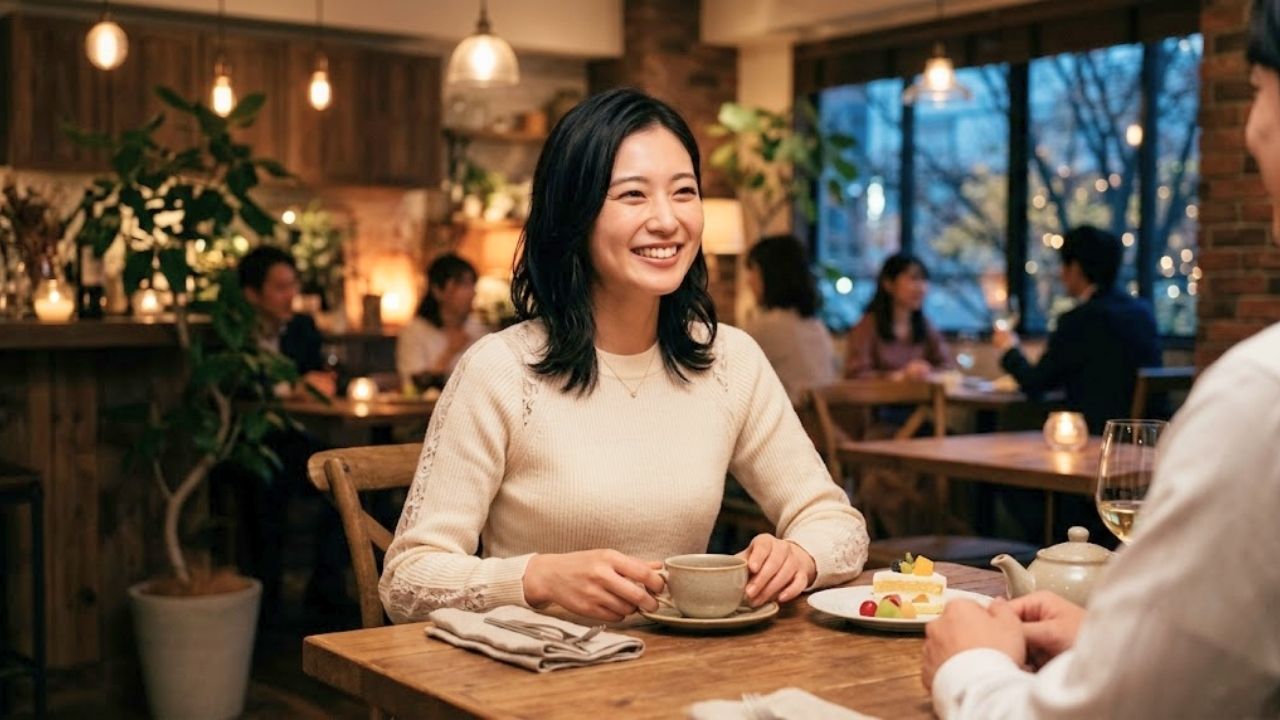 無理に背伸びをせず、初デートで男性のエスコートを自然体で素直に楽しむ笑顔の女性のイメージ