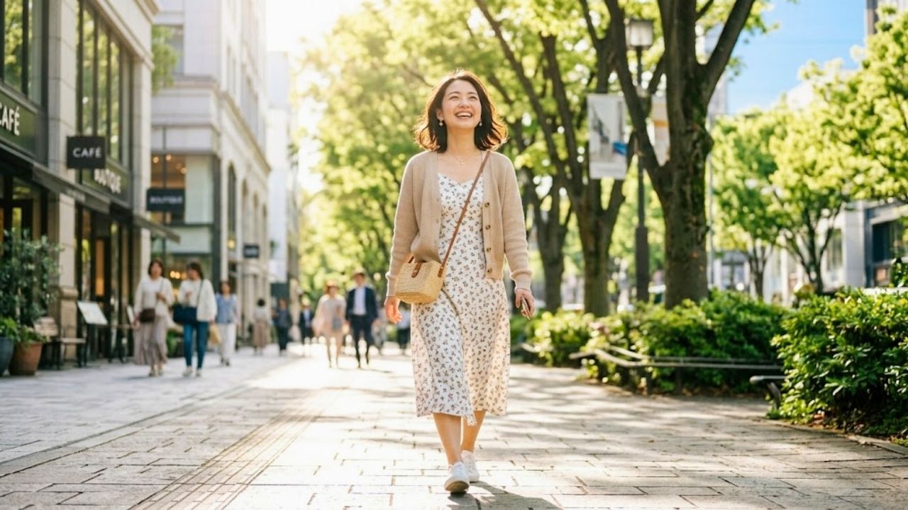 賢い言い訳をお守りにして不安を手放し、自信を持って恋活への新たな一歩を踏み出す女性の晴れやかなイメージ