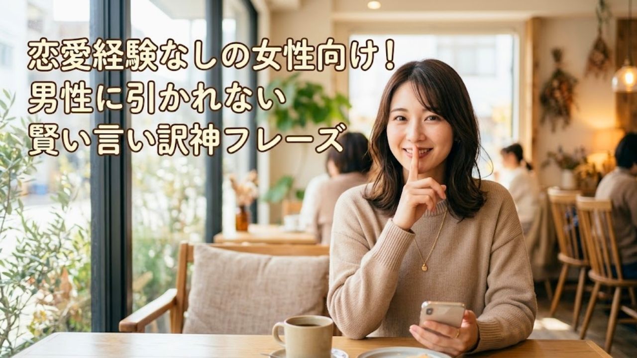 恋愛経験なしの女性向け！男性に引かれない賢い言い訳神フレーズ（口元に人差し指を当てて秘密のポーズで微笑む女性とタイトルがデザインされたアイキャッチ画像）