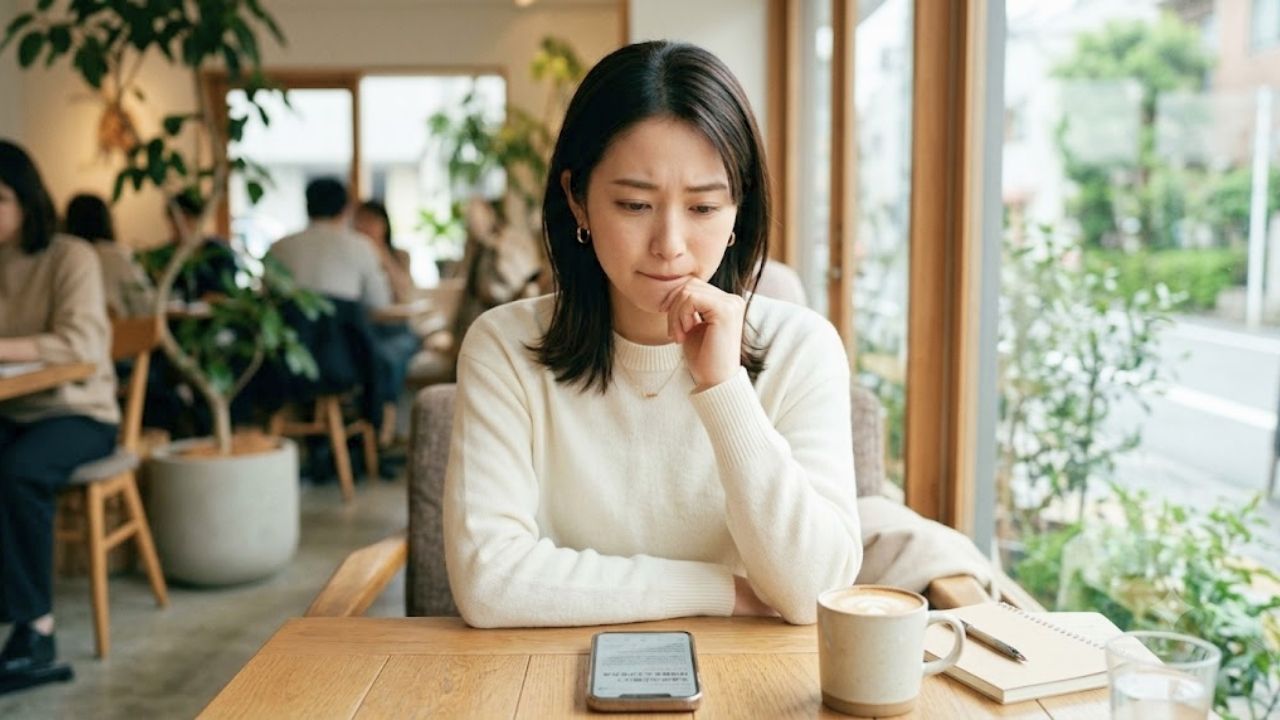 スマホを見つめながら恋愛の正解がわからず、どうすべきか頭を悩ませて考え込んでいる女性のイメージ