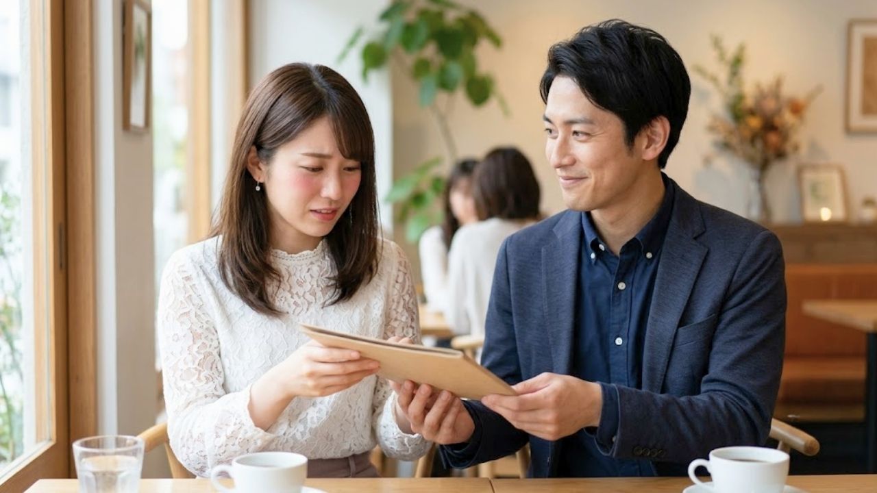 デート中に不器用な失敗をして照れる女性に対し、可愛いと感じて優しく温かい微笑みを向ける男性のイメージ