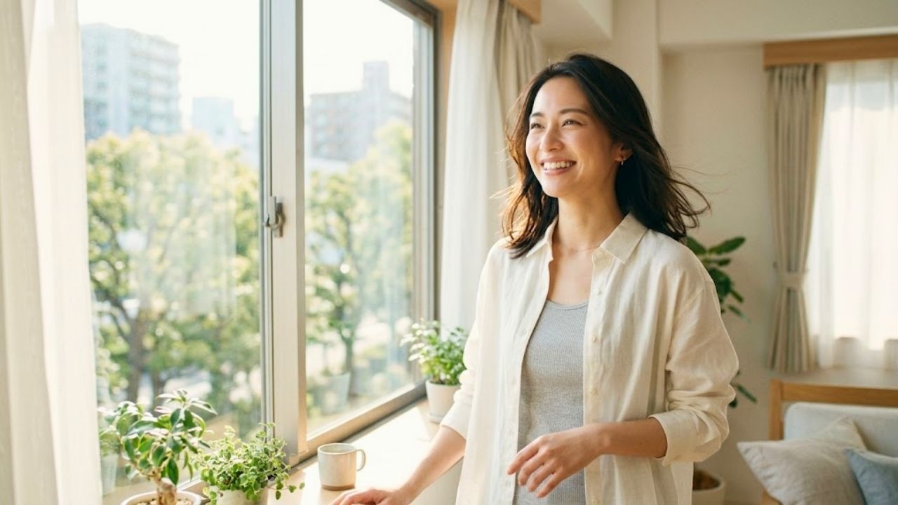 過去の失敗を成長の糧に変え、憑き物が落ちたような晴れやかな笑顔で前を向く女性のイメージ