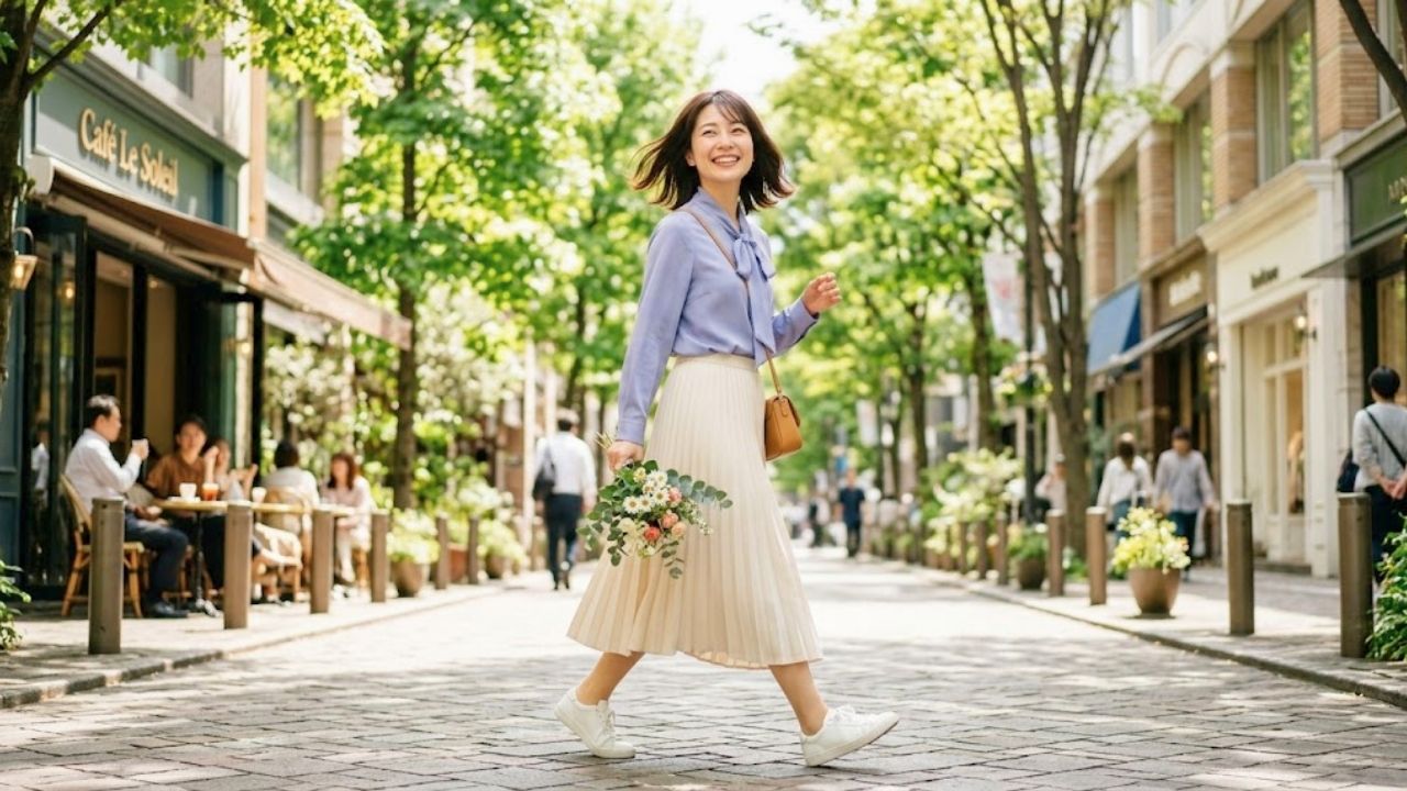 完璧を目指すのをやめて肩の力を抜き、笑顔で新しい恋へと軽やかに一歩を踏み出す女性のイメージ
