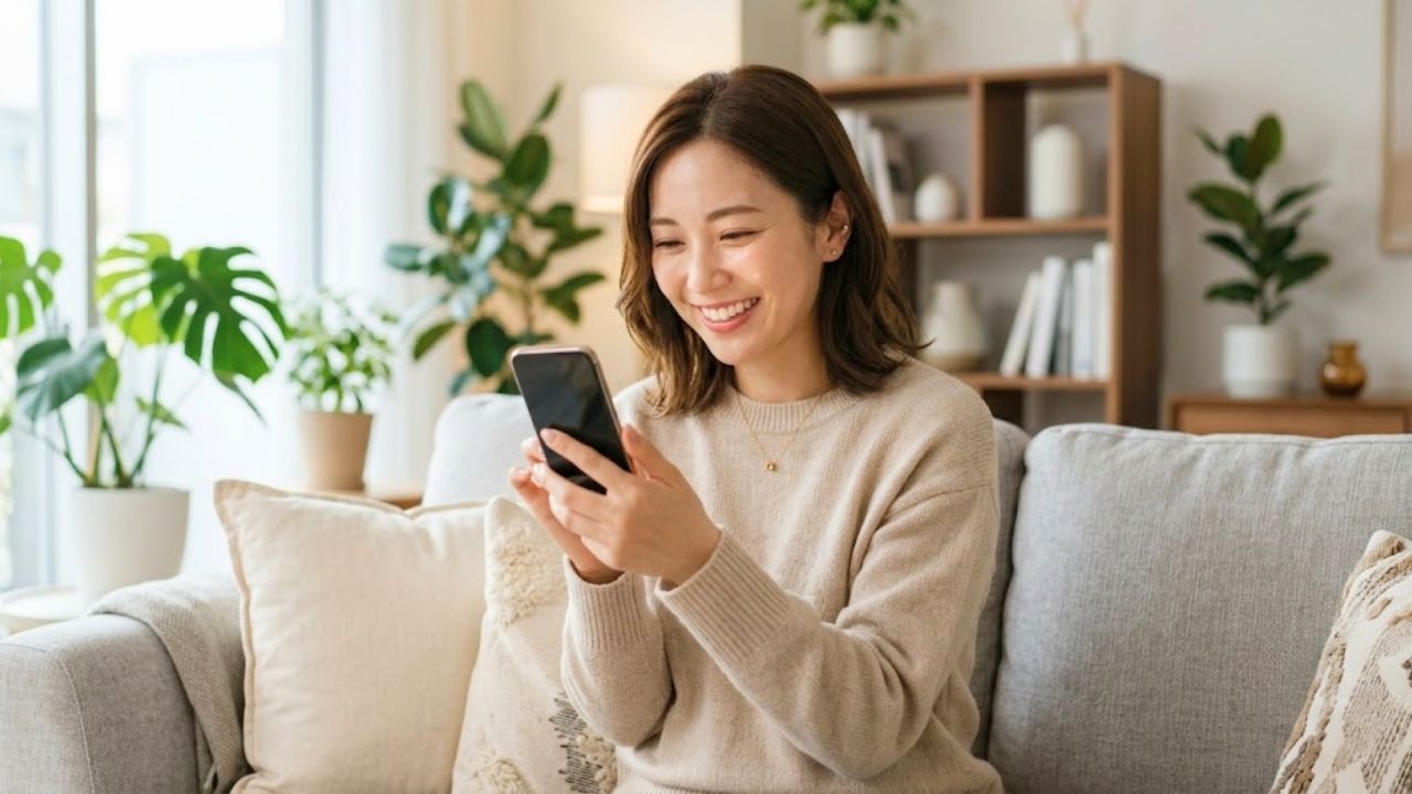 過去の失敗を乗り越え、笑顔でスマホを見つめながらマッチングアプリで新しい恋の一歩を踏み出した女性のイメージ