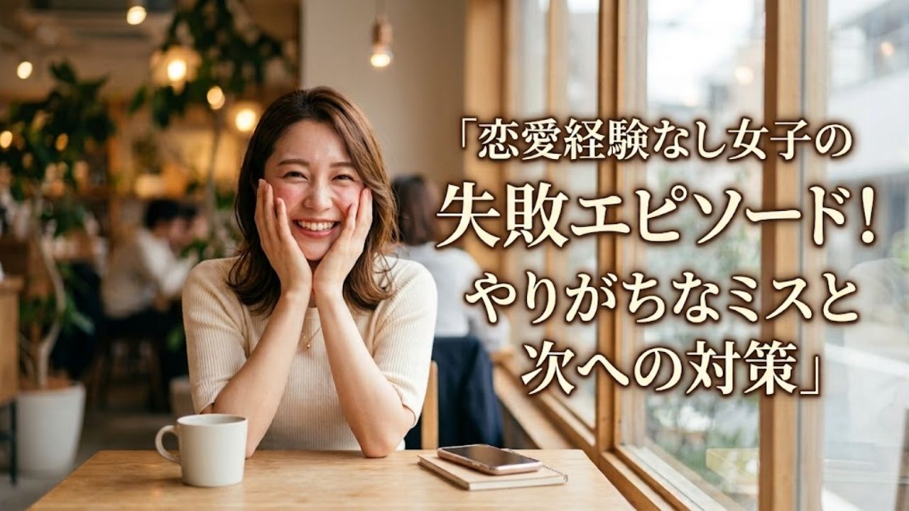 恋愛経験なし女子の失敗エピソード！やりがちなミスと次への対策、というタイトルテキストと、照れ笑いを浮かべて前向きな表情を見せる女性のアイキャッチ画像