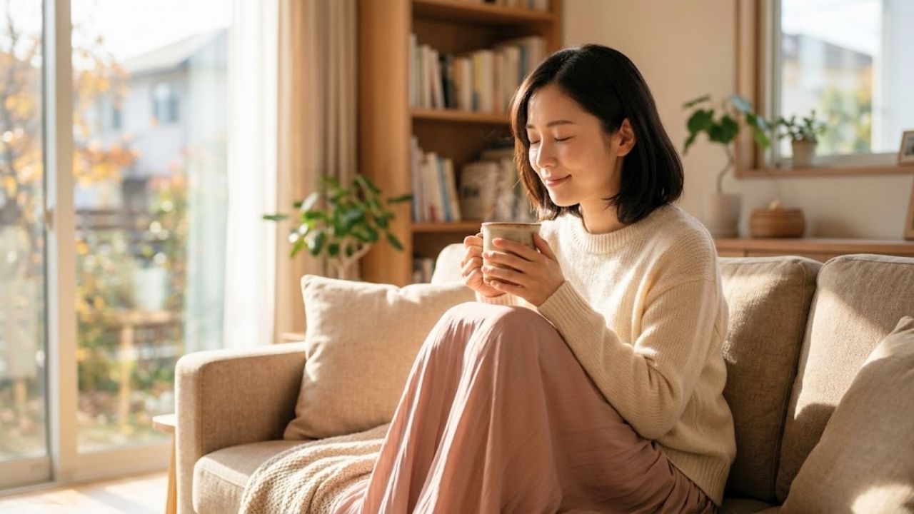 焦りやパニックから解放され、温かい飲み物を手にホッと安堵の表情を浮かべる女性のイメージ