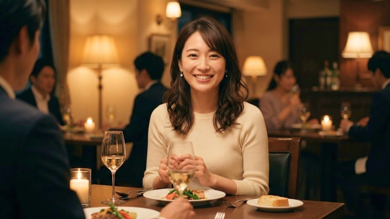 デート中に焦りや緊張を見せず、自然な笑顔でリラックスして会話を楽しむ女性のイメージ
