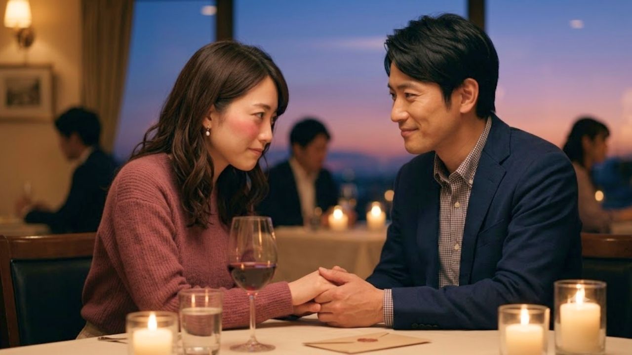 恋愛経験の嘘をカミングアウトし、愛おしそうな笑顔で彼女の手を優しく握る男性と、照れくさそうに微笑む女性のイメージ