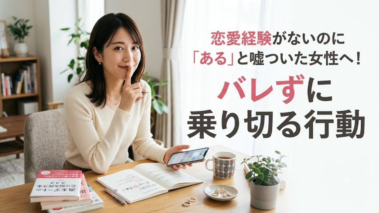 恋愛経験がないのに「ある」と嘘ついた女性へ！バレずに乗り切る行動。口元に人差し指を当てて秘密のポーズでスマートフォンを見る女性とタイトルがデザインされたアイキャッチ画像。