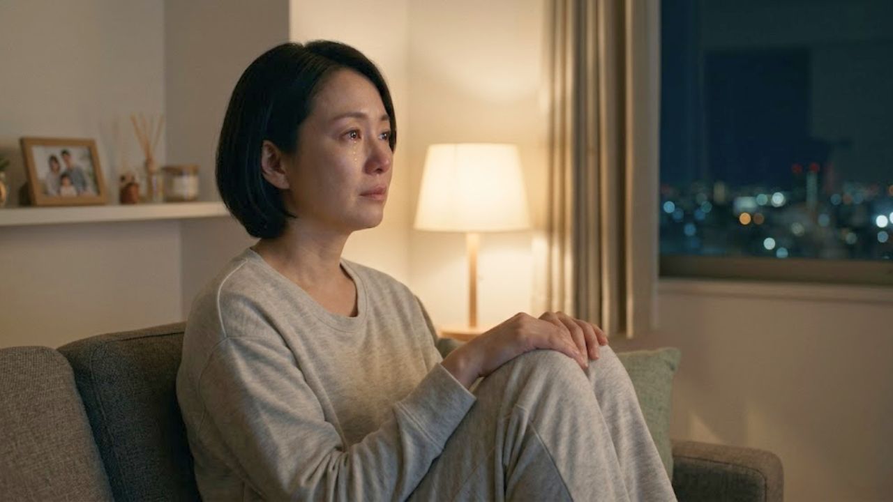 夜の静かなリビングルームで、窓の外の夜景を、深く思いにふける寂しげな表情で見つめる日本人シングルマザー