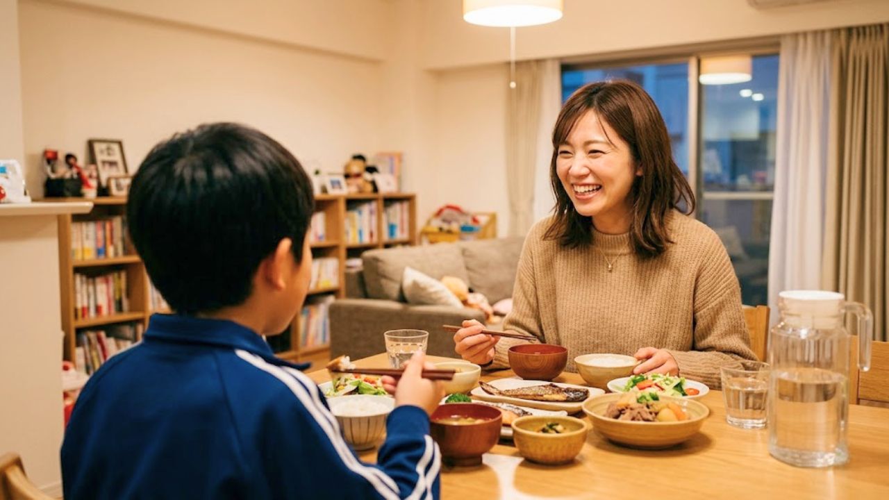 子どもと夕食を楽しむシングルマザー。