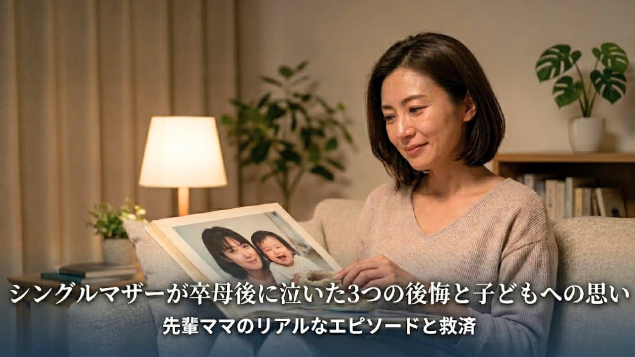 リビングルームで、子どもの小さな頃のアルバムと、擦り切れた靴を愛おしそうに見つめるシングルマザー。遠くを見つめ、寂しさと後悔、そして深い愛情が混ざり合った、切なくも温かい表情を浮かべている。「シングルマザーが卒母後に泣いた3つの後悔と子どもへの思い」というタイトルテキストがデザインされた、エモーショナルで心に寄り添うアイキャッチ画像。