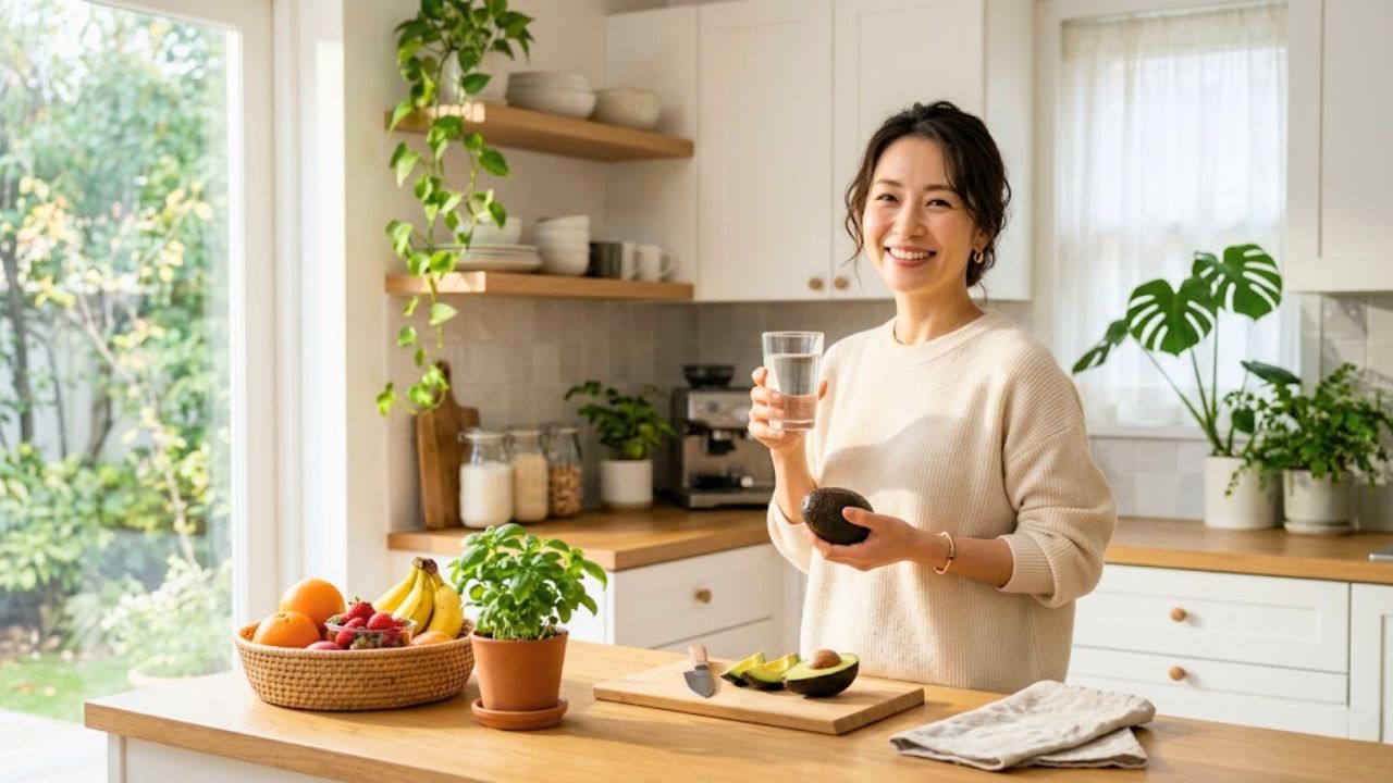 足のむくみを防ぐため。自宅のキッチンで、体に良い食べ物やサプリメントを手に取り、前向きに健康を意識している女性