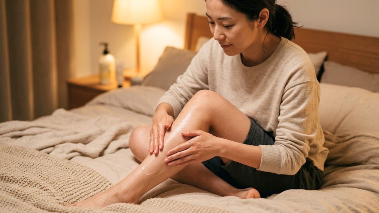 ベッドの上でボディクリームを手に取り、足首から膝に向かってふくらはぎを丁寧に揉みほぐしているクローズアップショット。リラックスした夜のケア習慣を想起