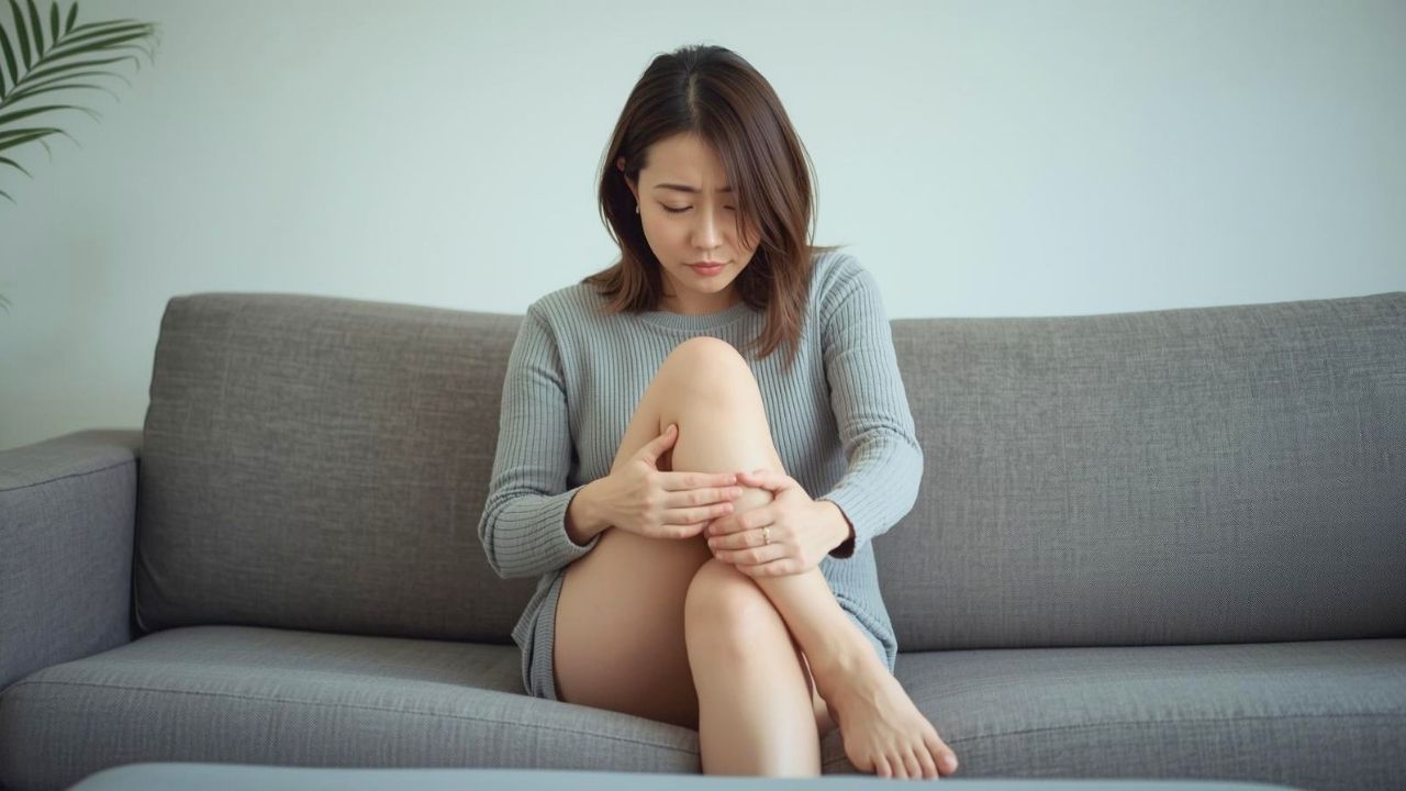 リビングのソファで少し疲れ果てた表情で、短パンから出ている自分のパンパンにむくんだふくらはぎを両手で揉みほぐしている30代女性のリアルな日常の一コマ。