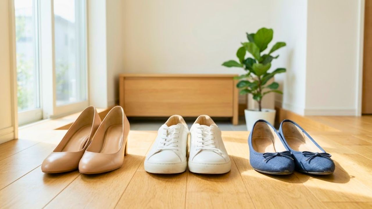 明るく清潔な玄関で、風通しよくきれいに並べられた3足のレディースシューズ(パンプスやスニーカー)