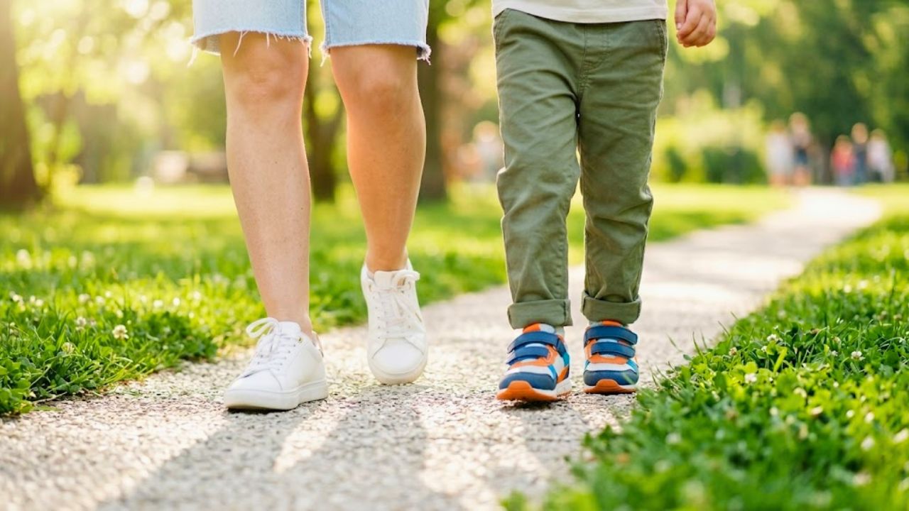 緑豊かな公園を子どもと一緒に歩く、爽やかなママと子どもの足元