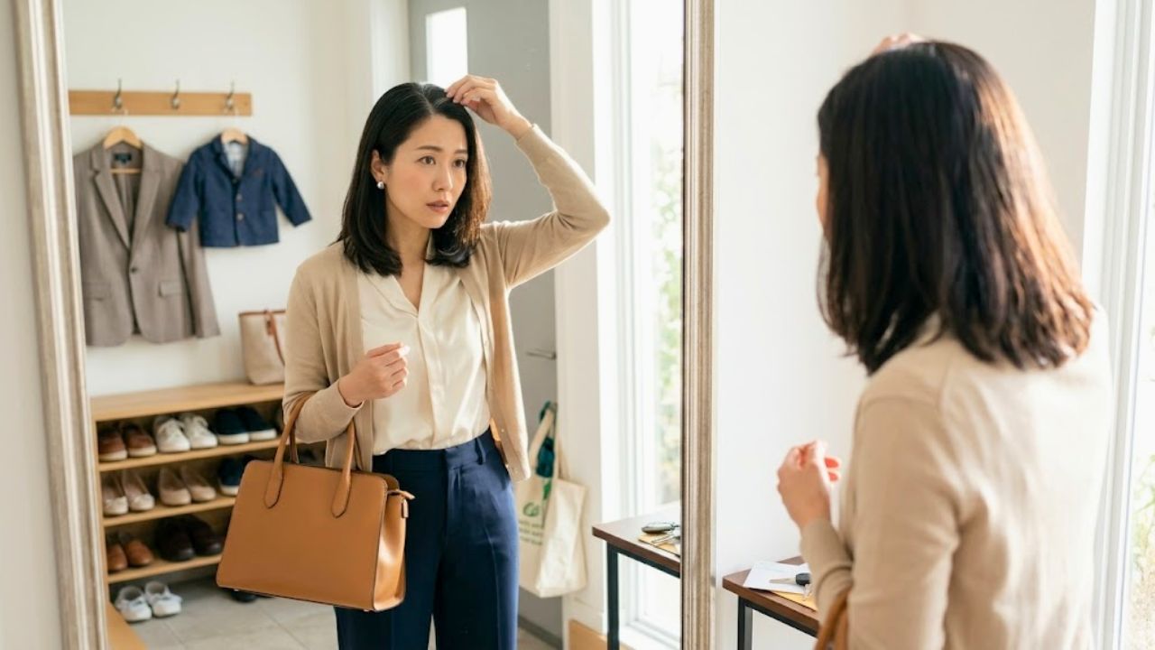 仕事や学校行事へのお出かけ前、玄関の鏡でふと分け目の白髪に気づき、手でそっと隠そうとしている女性